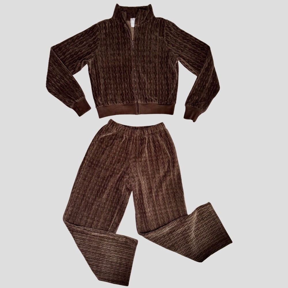 OFFLINE by Aerie Brown Cable Knit Velour Tracksuit Set Zip Jacket Pants XS